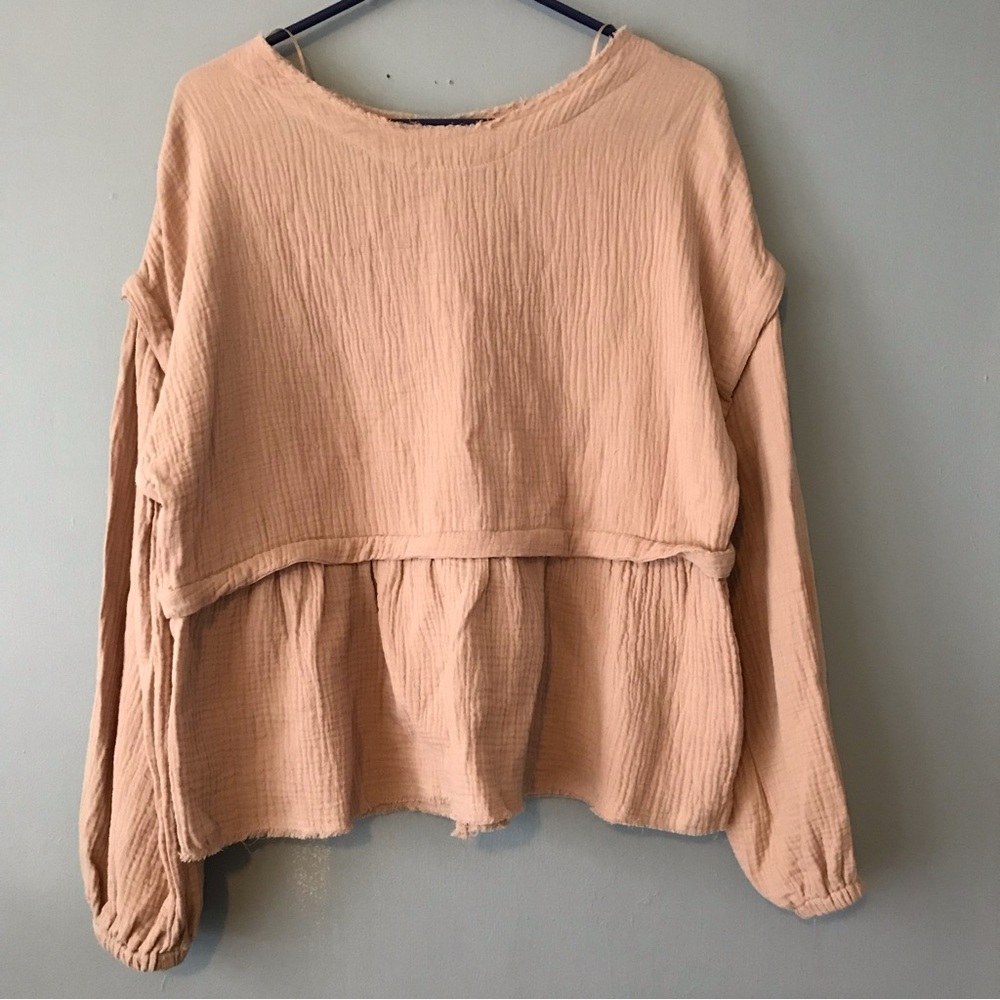 Peplum Smocked Long-Sleeve Blouse - Blush